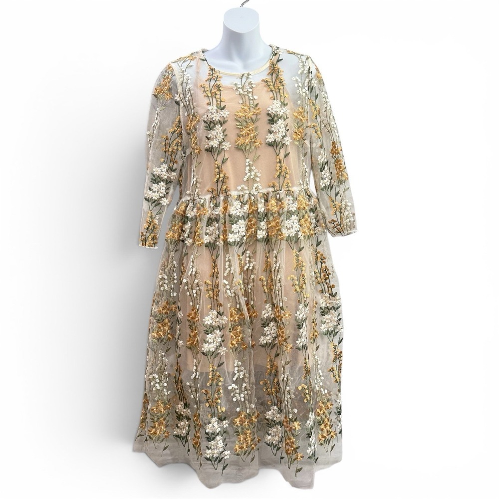 Vtg Metisu Embroidered Dress Sz XL Beige Floral Fairy Cottage Core Boho Feminine - Picture 4 of 16